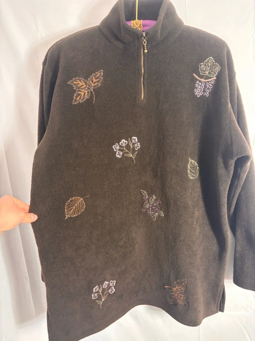 VTG Brown Embroidered‎ 1/4 Zip Artsy Boho Cozy Fleece Spring Sweater Size M
